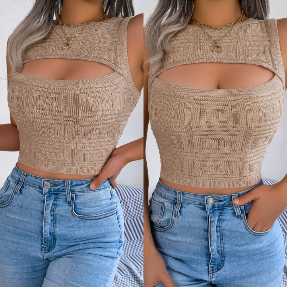 Peakaboo Sleeveless Knit Top - Tan